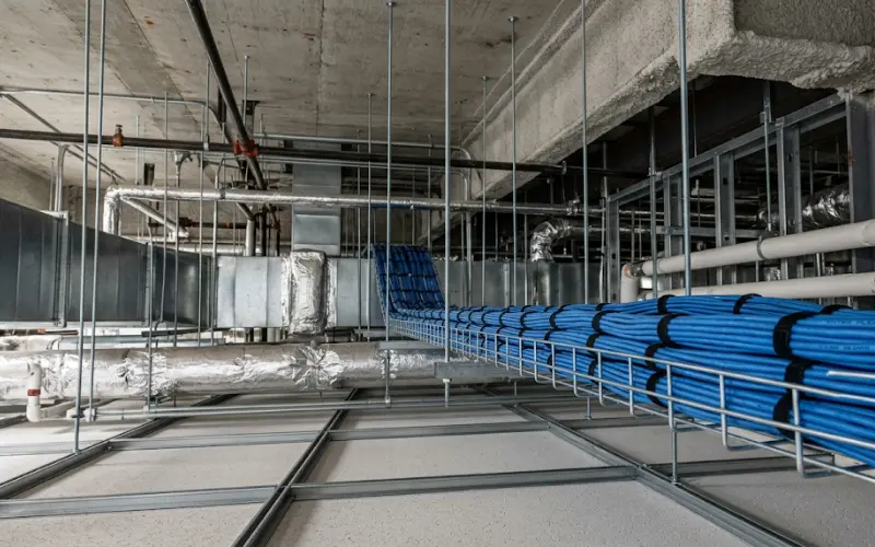 Cat6A CMP plenum cable routed above a suspended ceiling in a commercial office return-air space Cat6A CMP plenum cable routed above a suspended ceiling in a commercial office return-air space